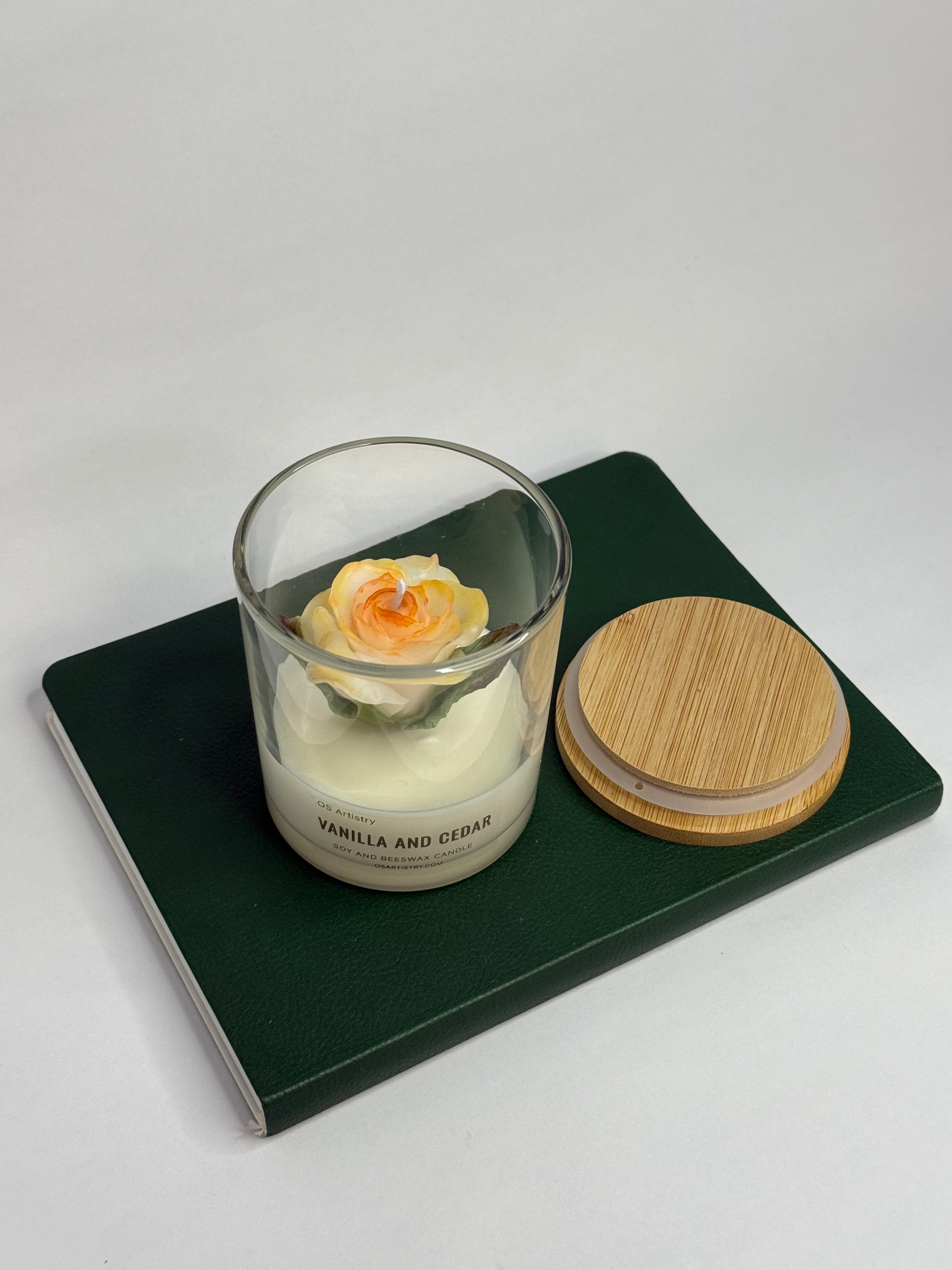 Handcrafted White and Orange Rose Candle|Vanilla and Cedar Scent