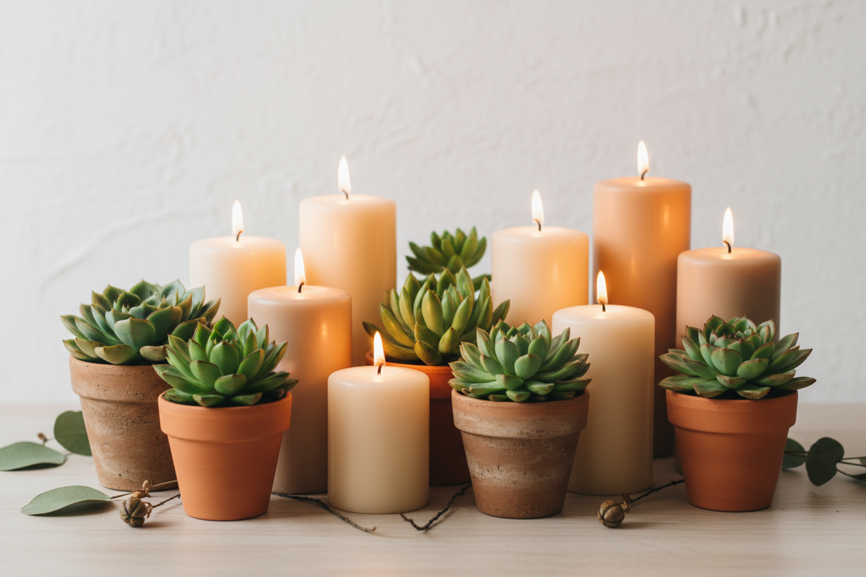 Candle and succulents